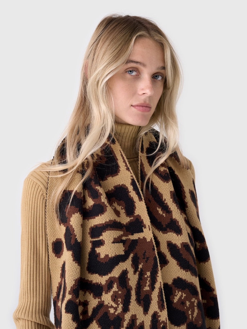 Goldbergh Leopard Print Knit Scarf in Camel, Black & Brown